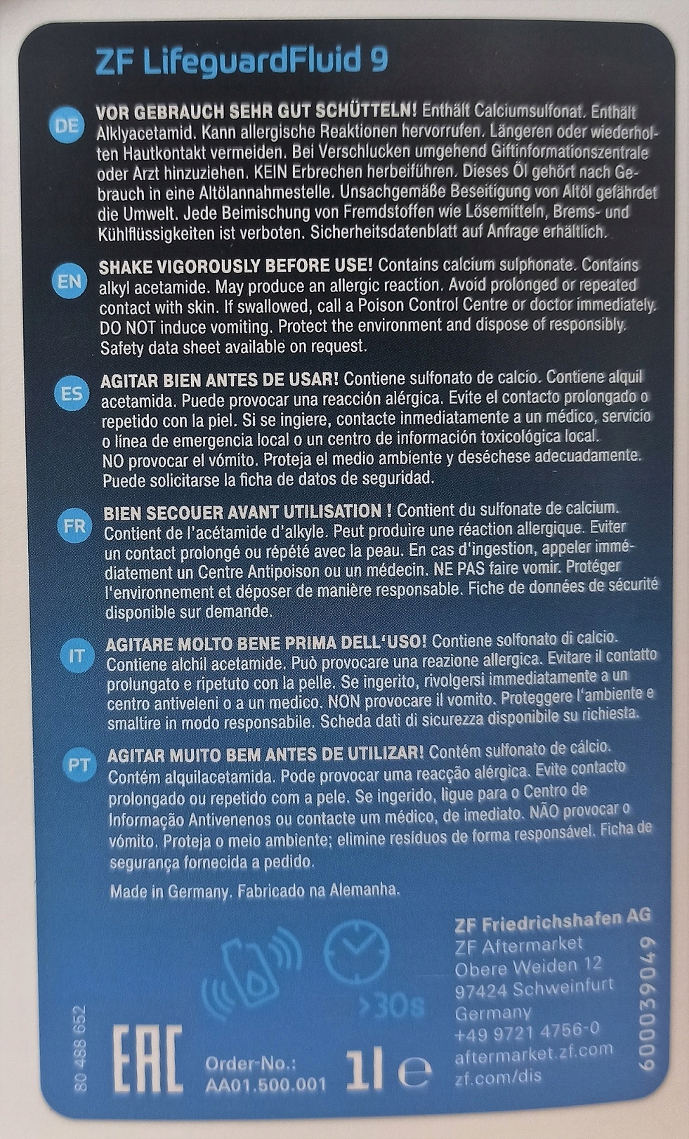 ZF LIFEGUARD FLUID 9 1LX7 DODGE JEEP CHRYSLER BMW EAN (GTIN) 4053203442609