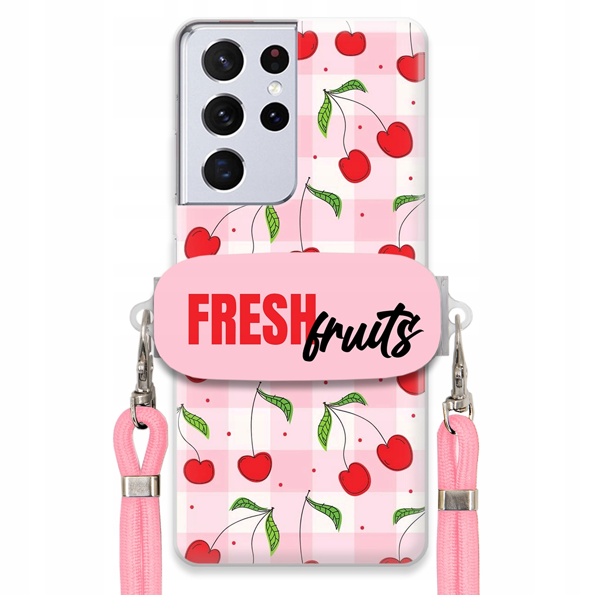 Puzdro pre Samsung S21 Ultra 5G Case Držiak šnúrok Ružový Fresh Fruits Mriežka