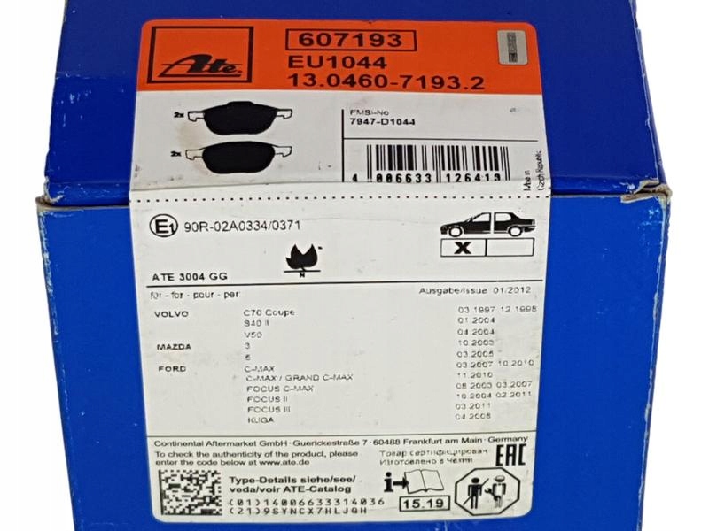 ATE TARCZE + KLOCKI PRZÓD FORD C-MAX FOCUS II KUGA Numer katalogowy części ATE-24.0125-0162.1-ZS1