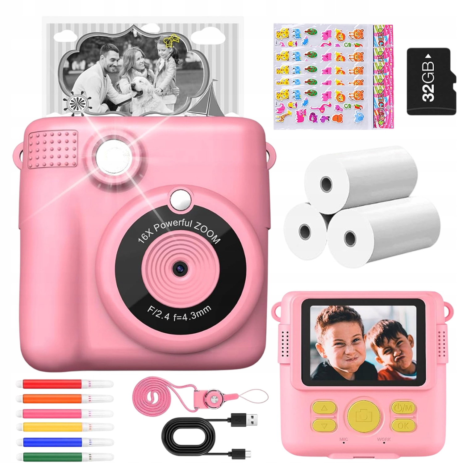 Instantní Fotoaparát Pro Děti S Termotiskárnou 1080P 32GB Karta