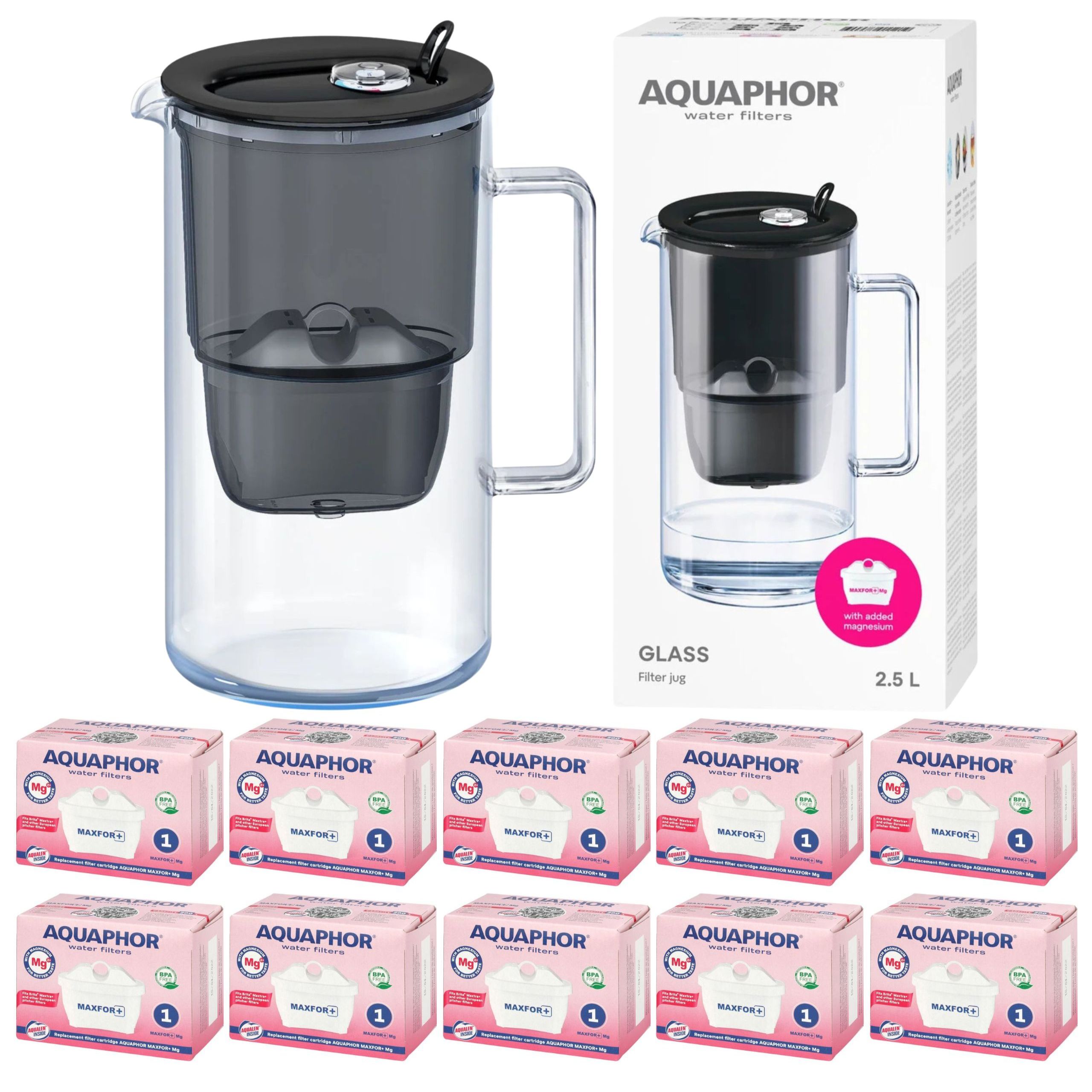 Džbán Aquaphor Glass černý 2,5 l skleněný na vodu 10 filtrů Maxfor+ Mg