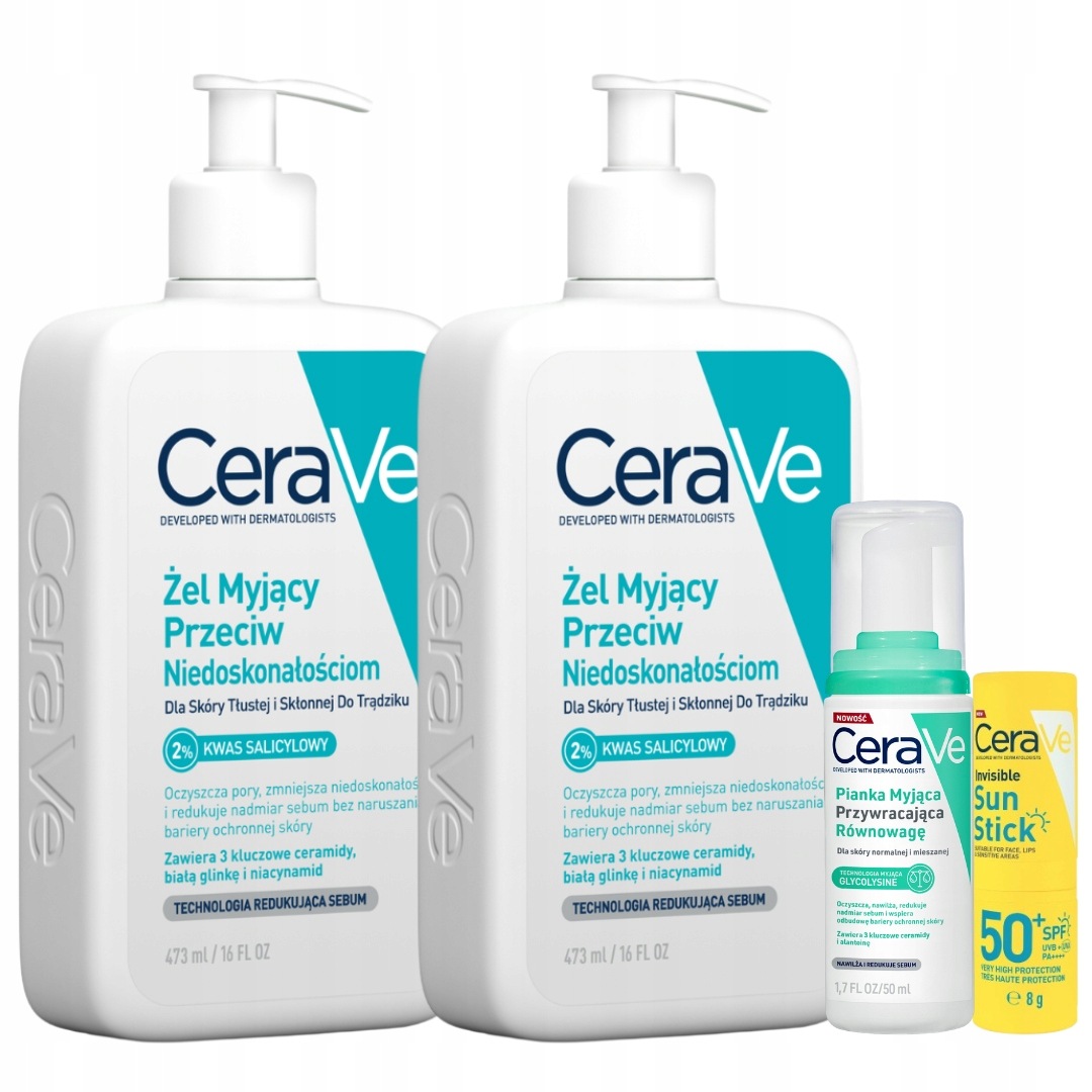 CeraVe Żel myjący na niedoskonałości 473ml x2 Sztyft Ochronny SPF50+ 8g