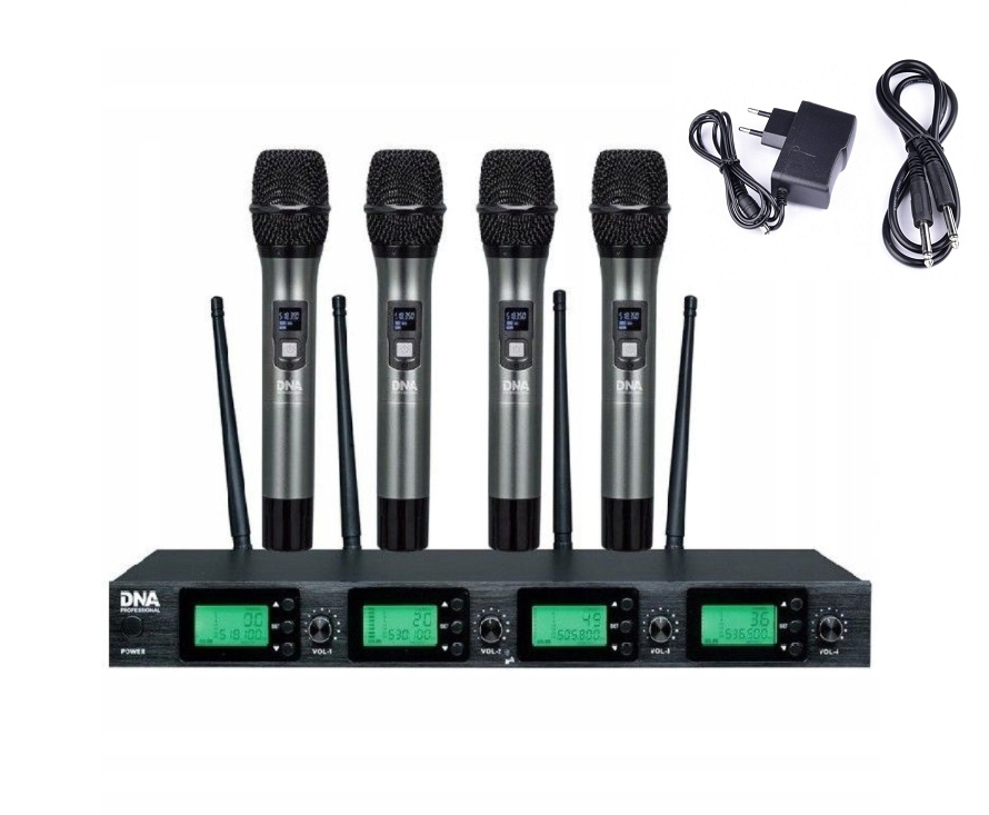 Zestaw bezprzewodowy 4 mikrofony doręczne + odbiornik eventy konferencje