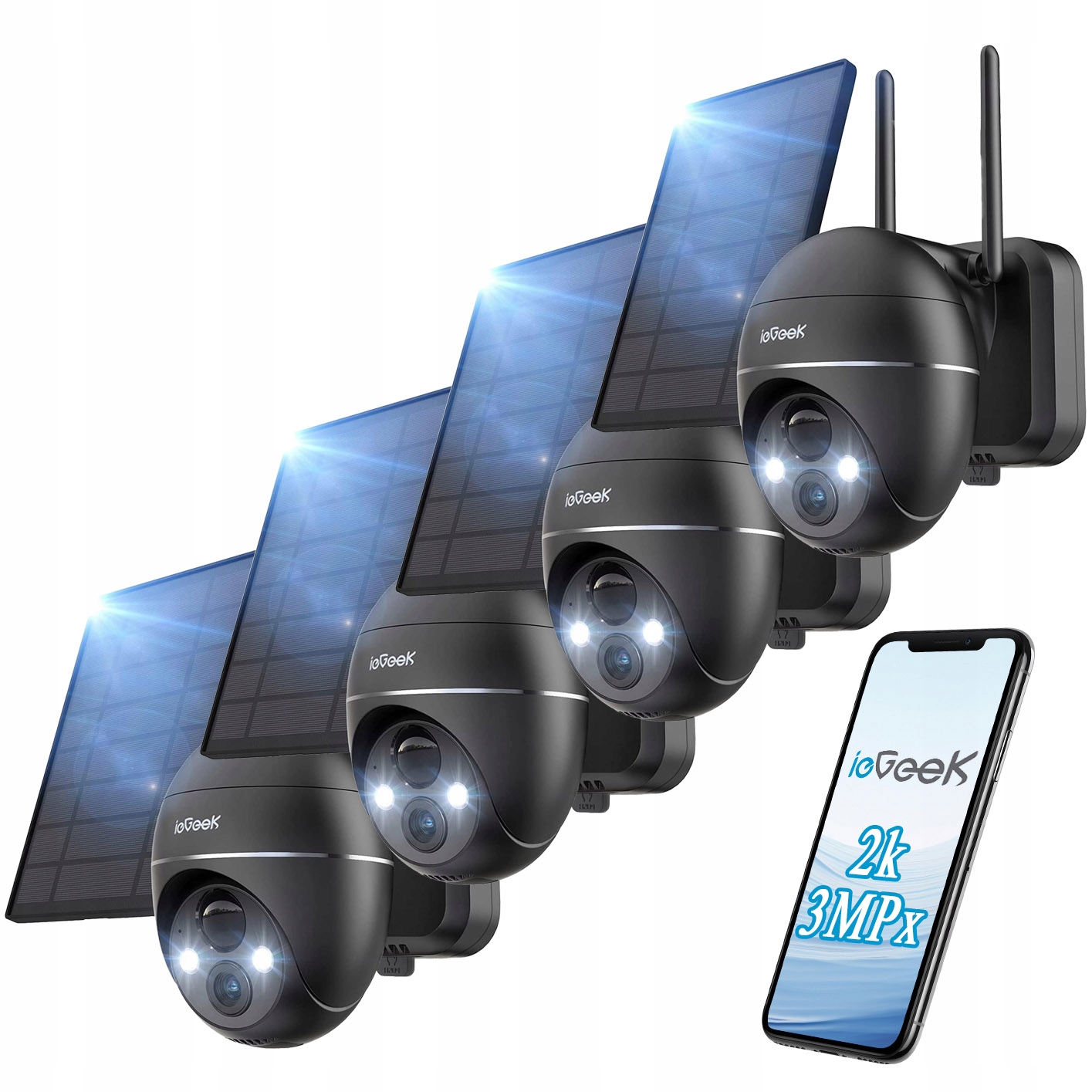 Solární Kamera Wifi 2K Venkovní Otočná 3MPX 4X Zoom IP65 9000MAH 4ks