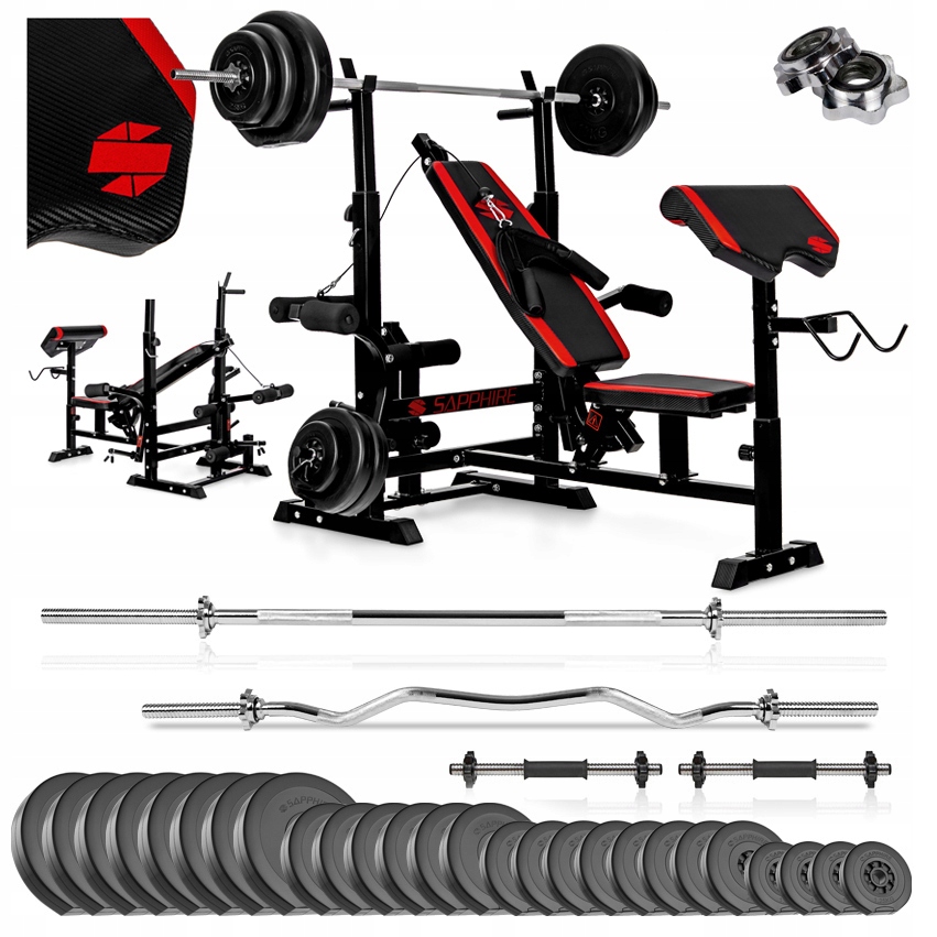 Siłownia zestaw Kulturystyczny Sapphire 187kg Ławka gryf Obciążenia hantle