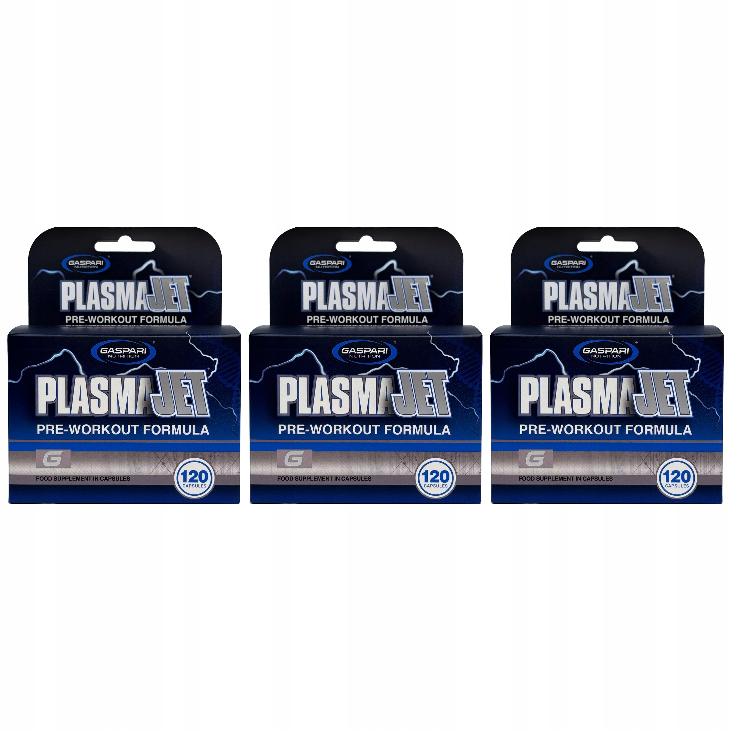 3x Předtréninkovka Gaspari Plasma Jet 120 kapslí Kofein Wit B3 Energia Pomp