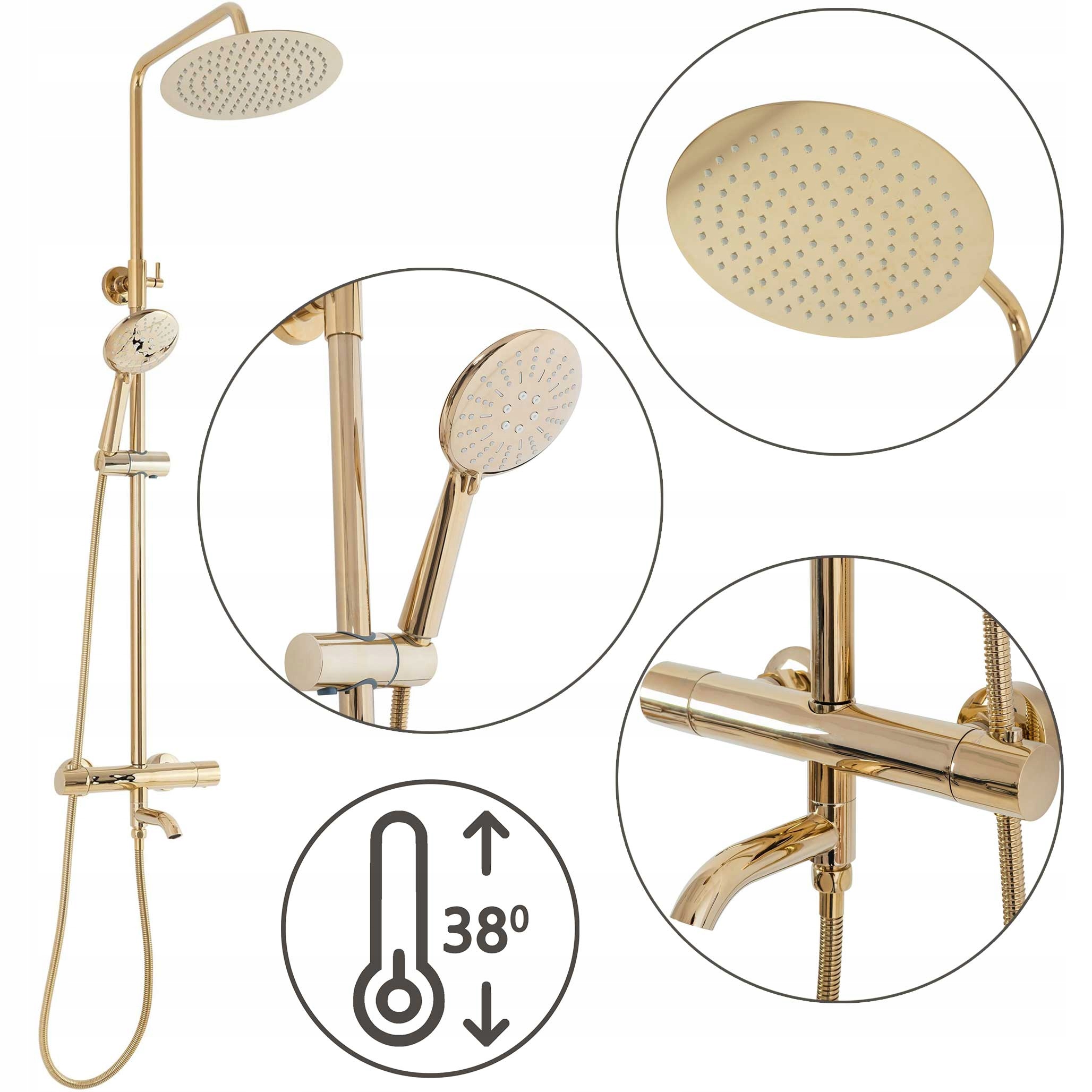 Nástenná sprchová súprava Zlatý Rea Lungo Lesk s termostatom a výtokom