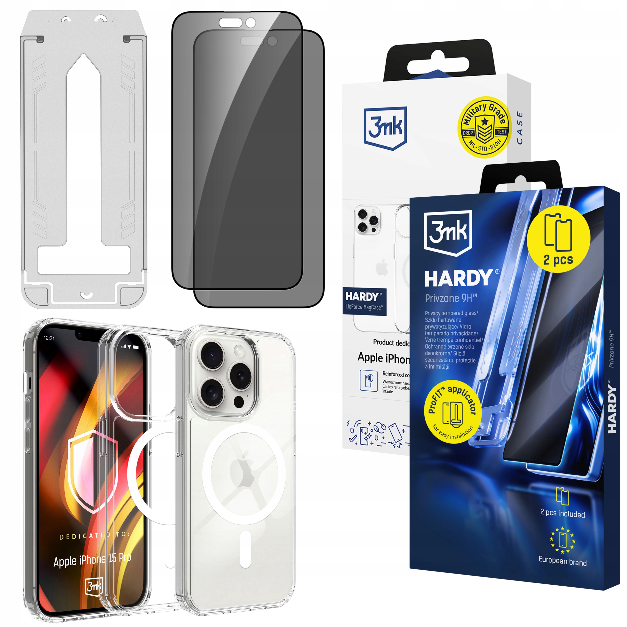 2x Tvrzené sklo 9H pouzdro na pouzdro 3mk Hardy pro iPhone 15 Pro