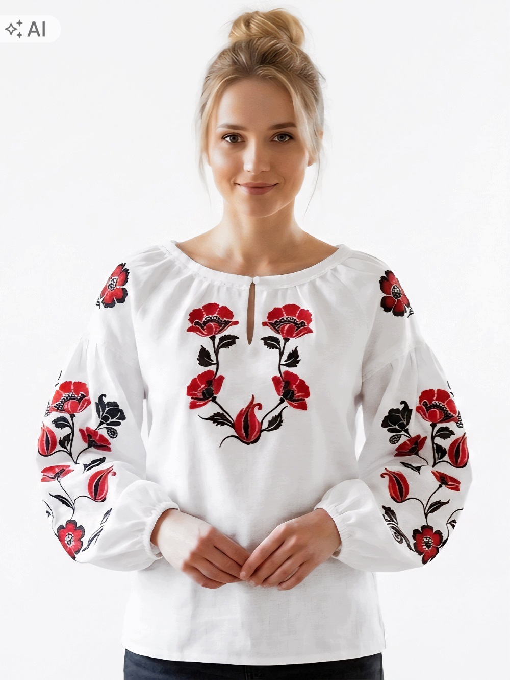 Lidová dámská Bílá košile s dlouhým rukávem 100% Bavlna Vyšívaná halenka *XXL*