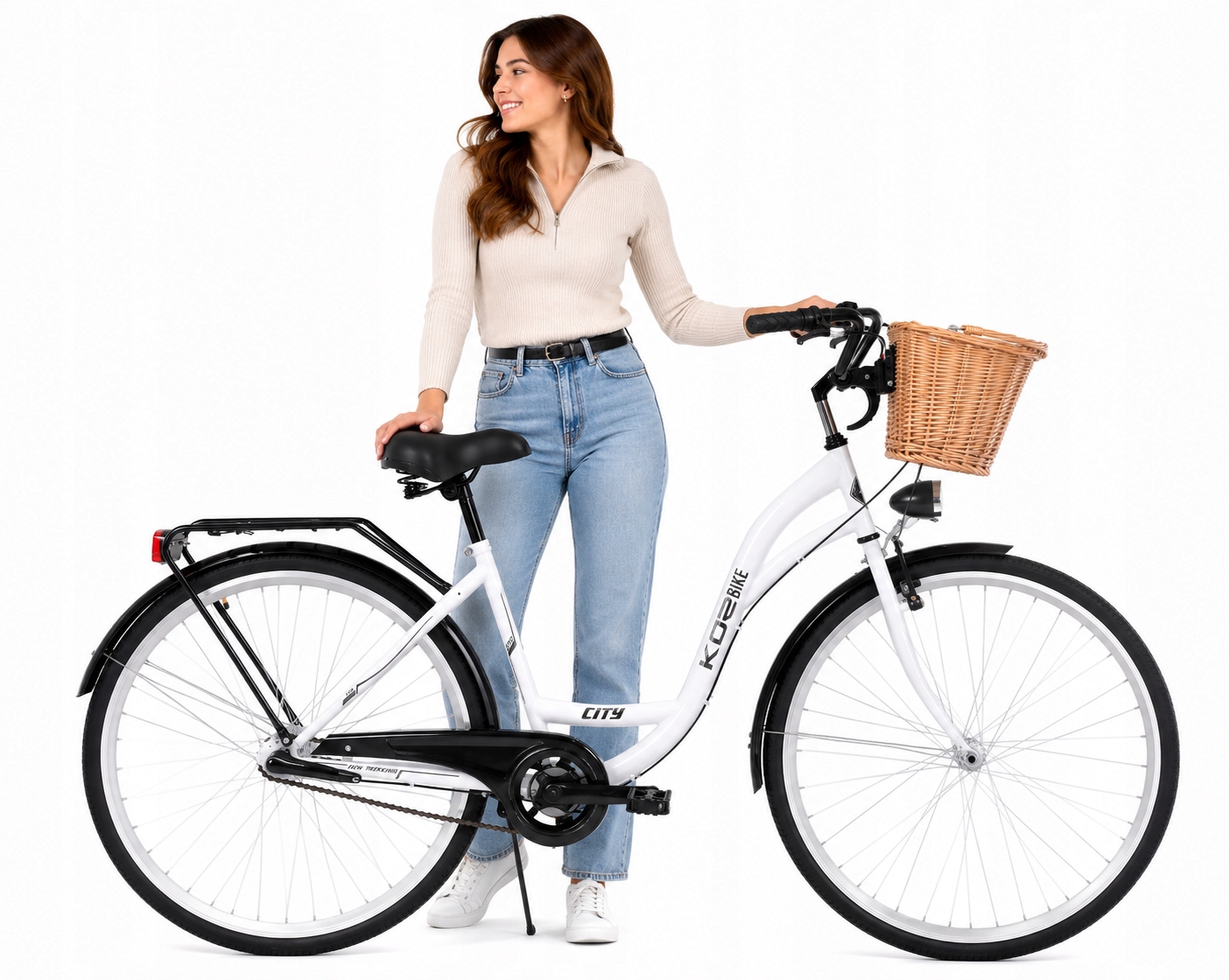 Stylowy rower miejski 28 Kozbike 3 biegi biało-czarny kosz