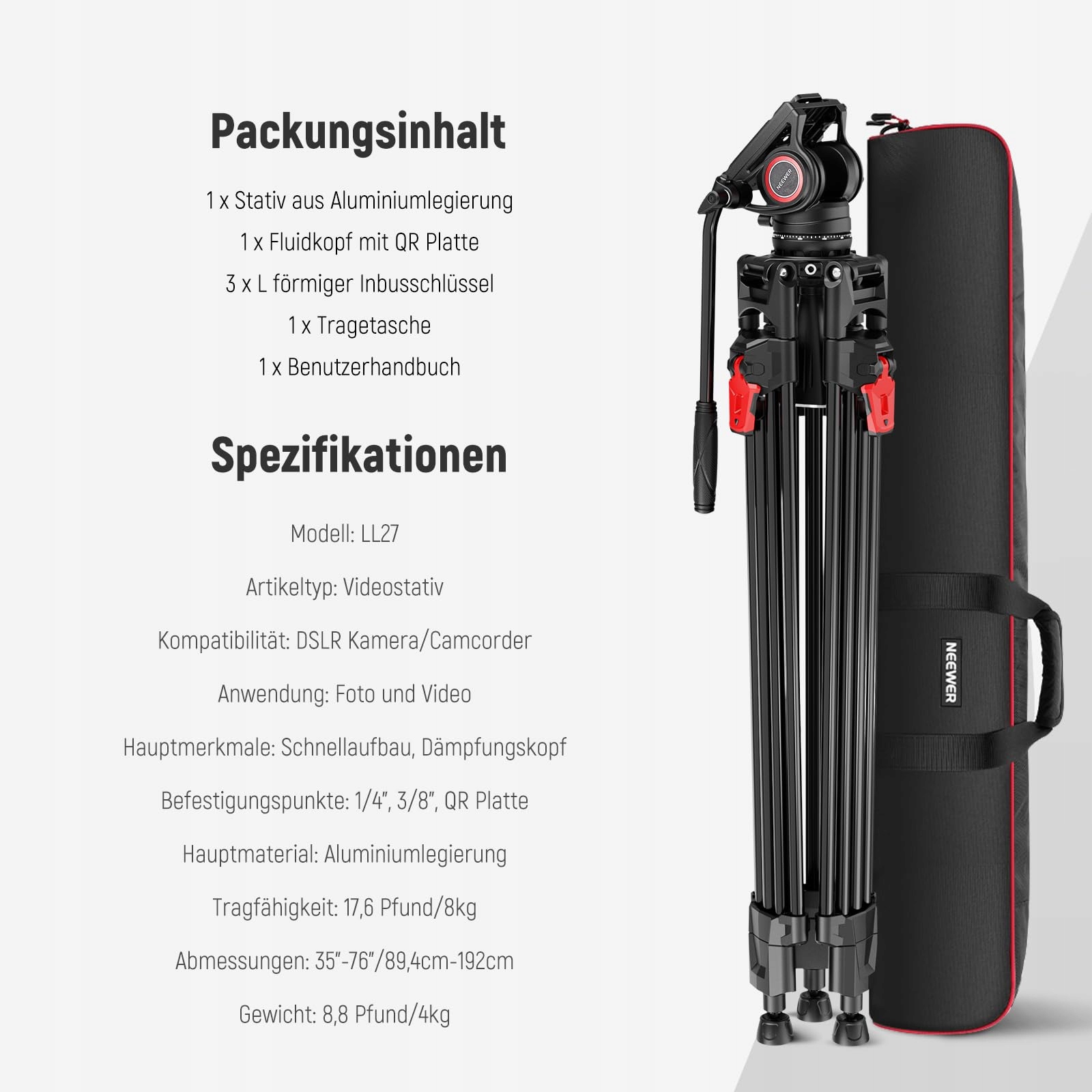 NEEWER Statyw Video Kamera 76" Aluminiowy z Głowicą Fluidową DSLR Camcorder — miniatura 9
