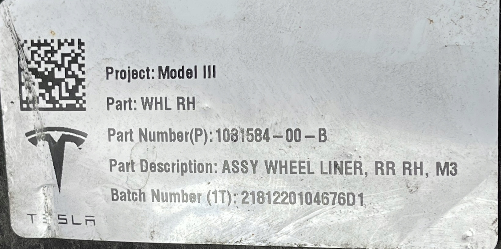 B57 TESLA 3 2017 - mudguard right rear part rear. 1081584-00-B