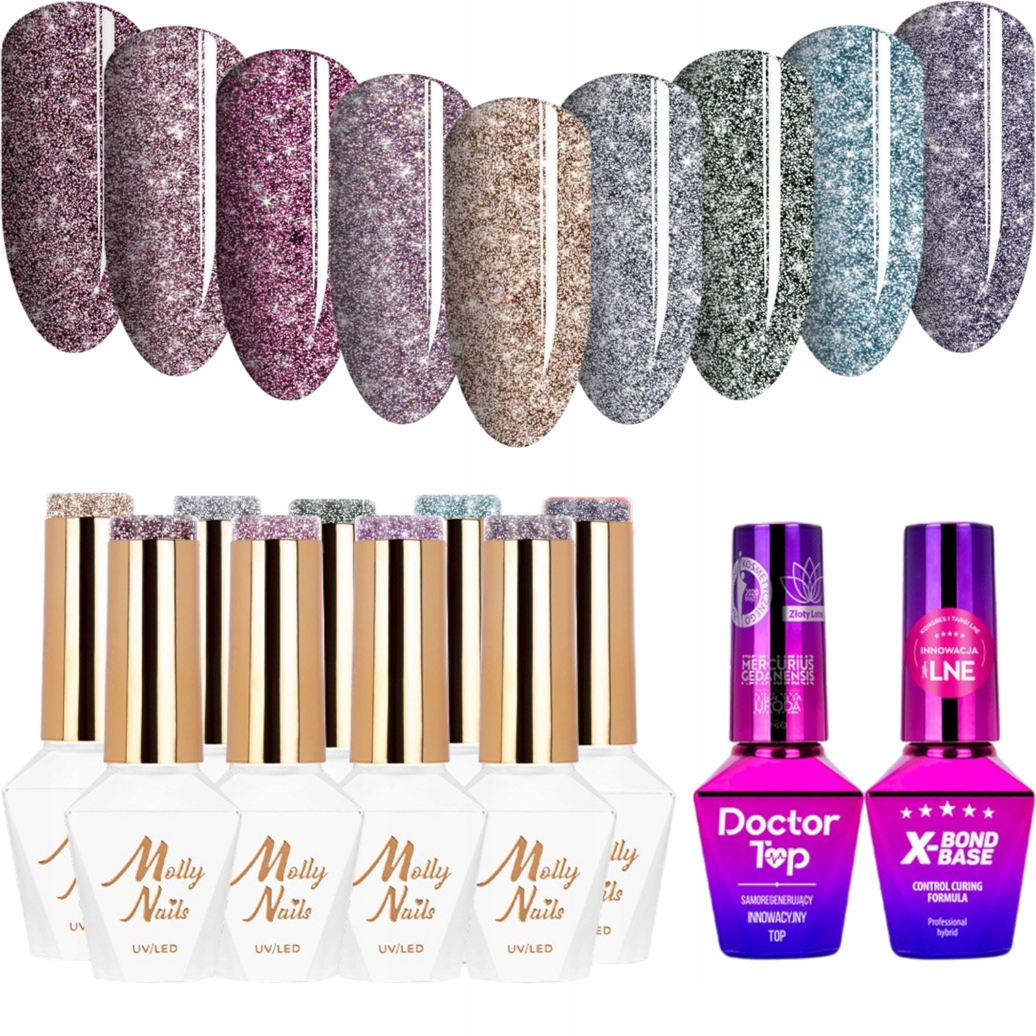 9x Hybridní lak Mollynails 8g Flashing Lights Báze Top Set