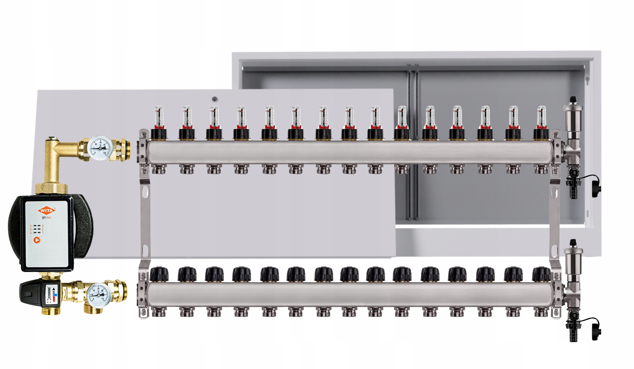 Nerezový rozdeľovač na podlahu 15 okruhov s čerpadlom Wita skrinka