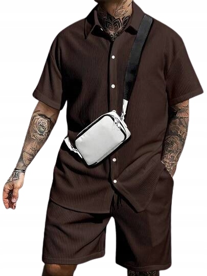Shein Pánská Košile S Krátkým Rukávem A Šortkami, Hnědé Pruhy, Velikost 1HA