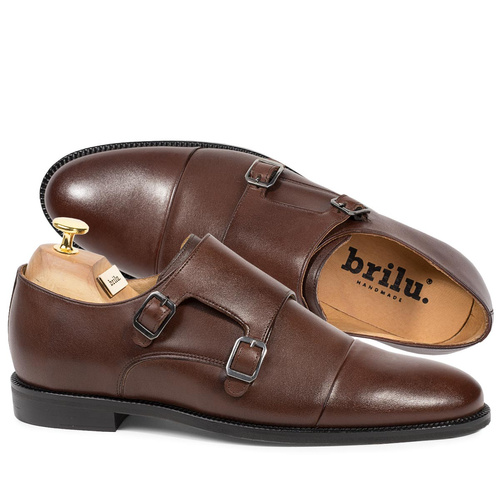 Brilu Polskie Skórzane Wizytowe Monki Ze Sprzączkami Collin Brązowe 43