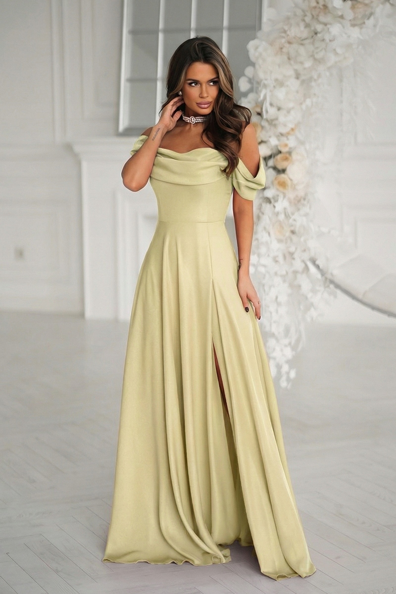 Žlutá Šaty s škrábáním, rozparkem a lesklou tkaninou 330-14