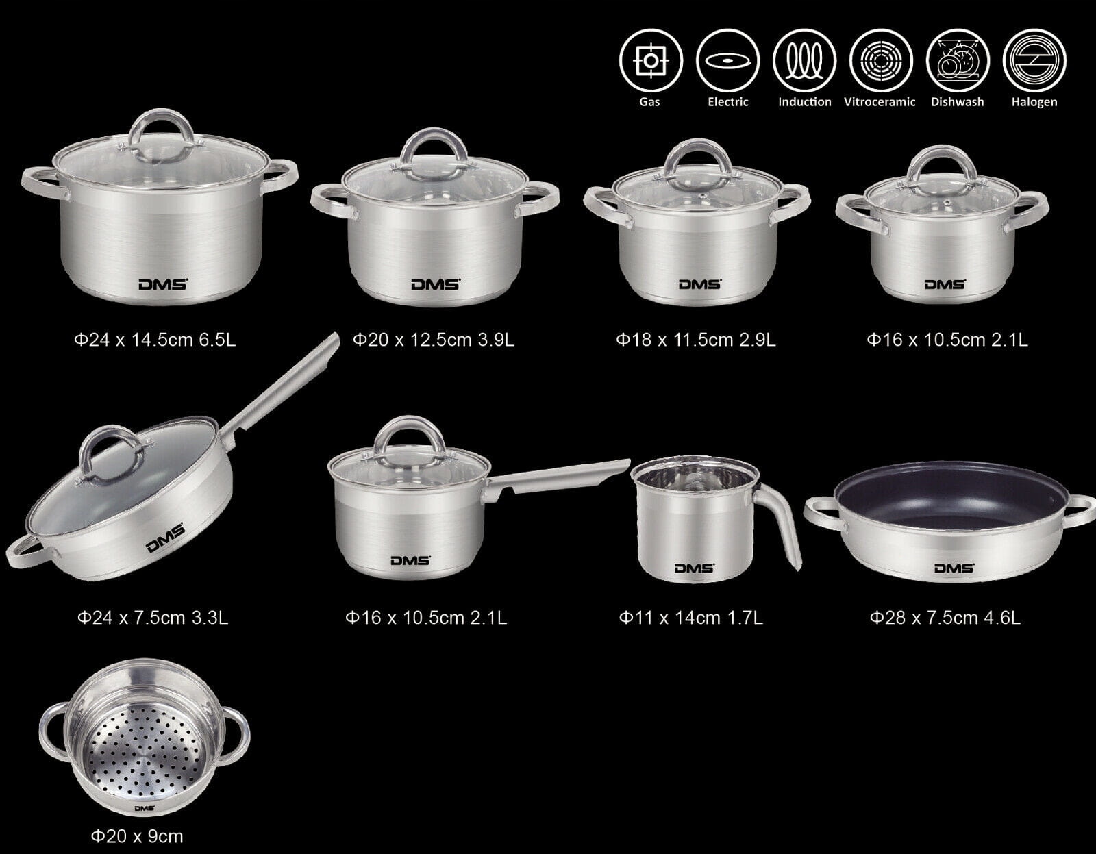 Zestaw garnków stal nierdzewna 15 el DMS TSE2015C Marka DMS