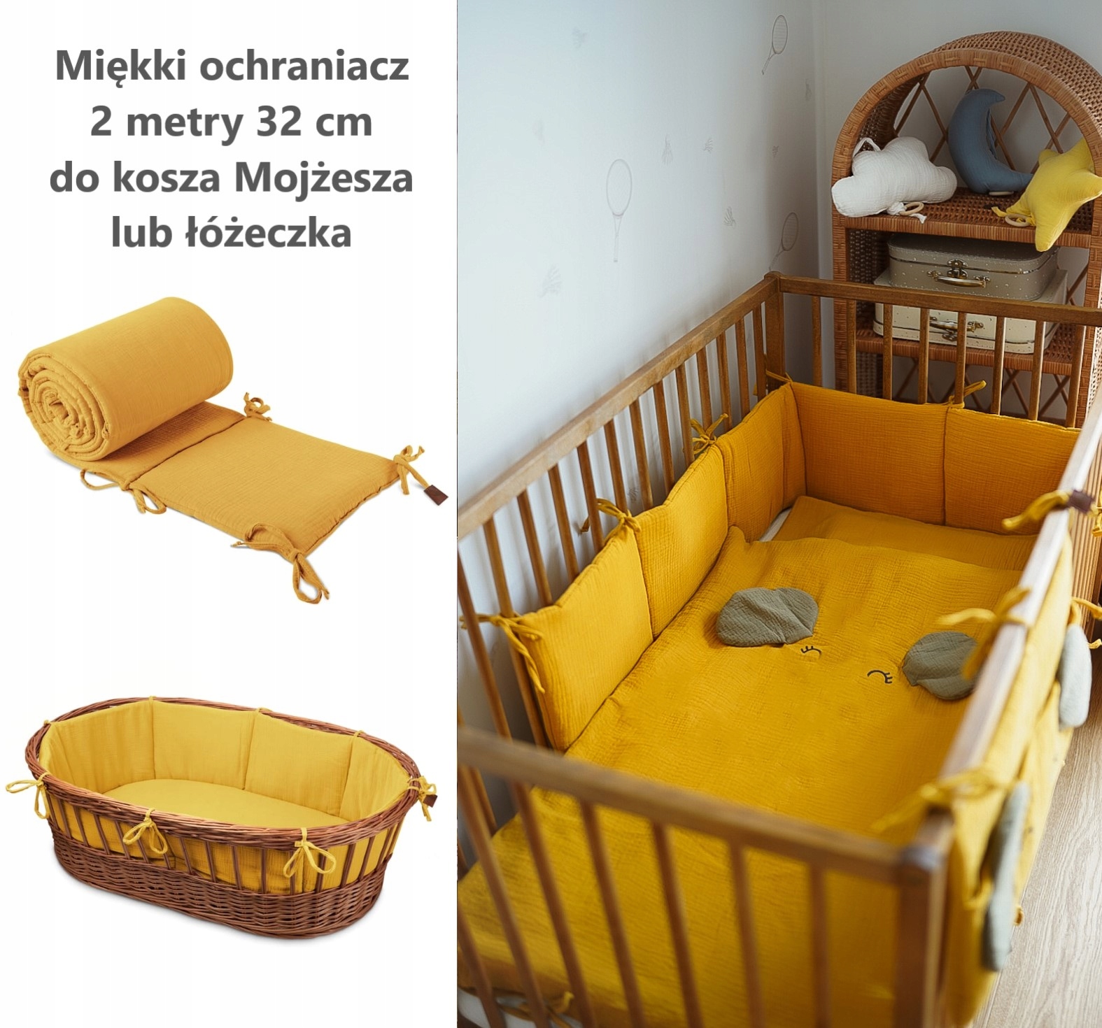 Ochraniacz do łóżeczka lub kosza Mojżesza muślin Mustard
