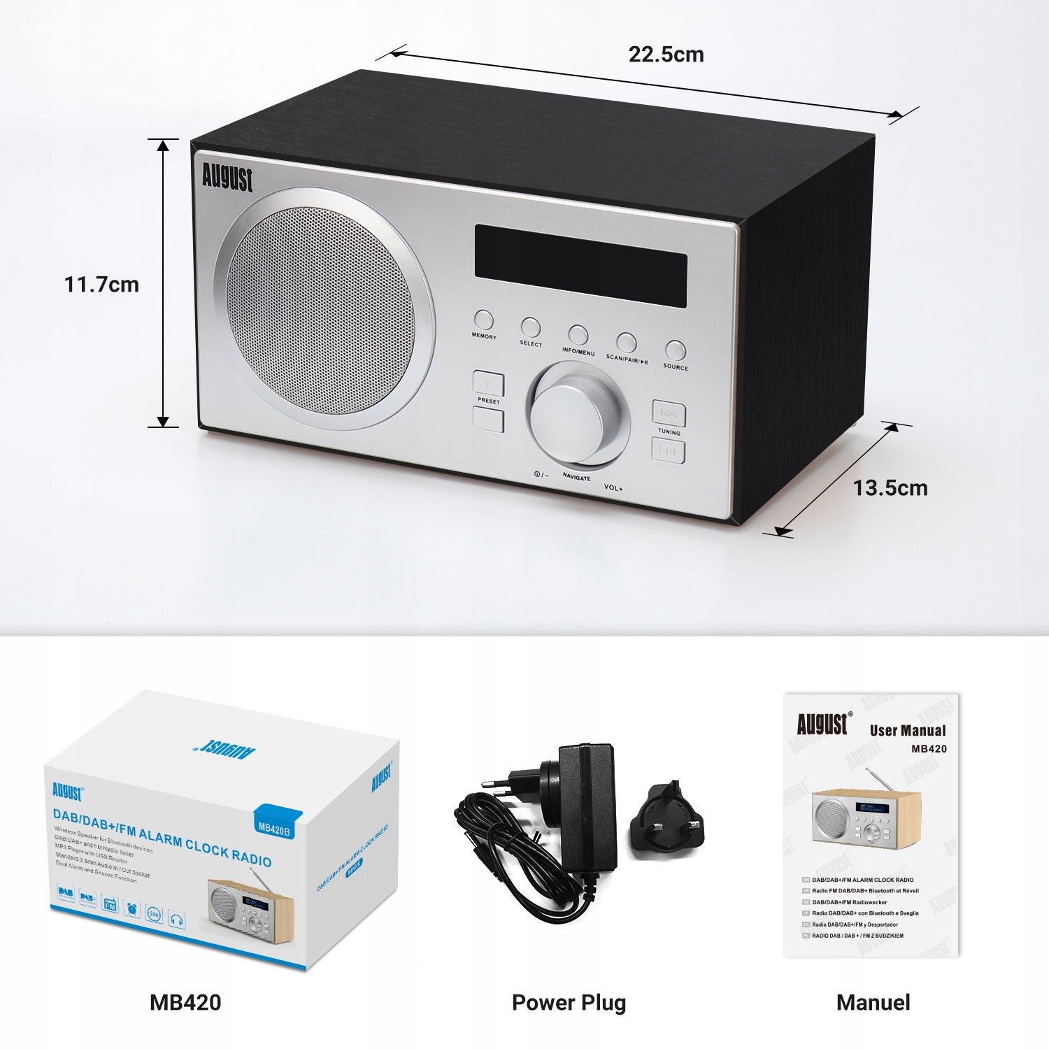 Radio budzik głośnik Bluetooth DAB+ FM USB AUX August MB420B Radio DAB+ FM