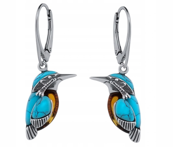 

Srebrne Kolczyki Zimorodki Z Bursztynem