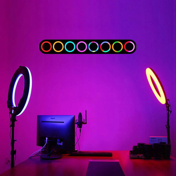 LAMPA PIERŚCIENIOWA RING LED ZE STATYWEM RGB DUŻA Stan opakowania oryginalne