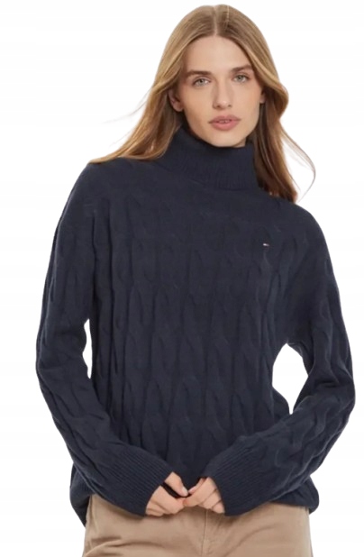 Tommy Hilfiger Tmavě Modrý Svetr S Rolákem A Copánkovou Vazbou X_g