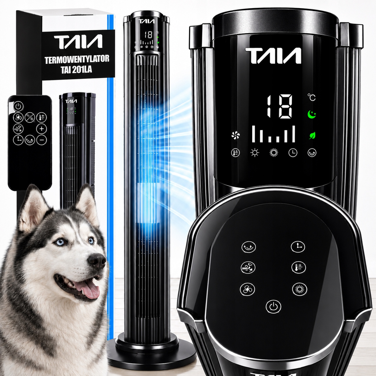 Mocny Wentylator Kolumnowy Taia Pro Cichy Termowentylator 2200W Led Pilot