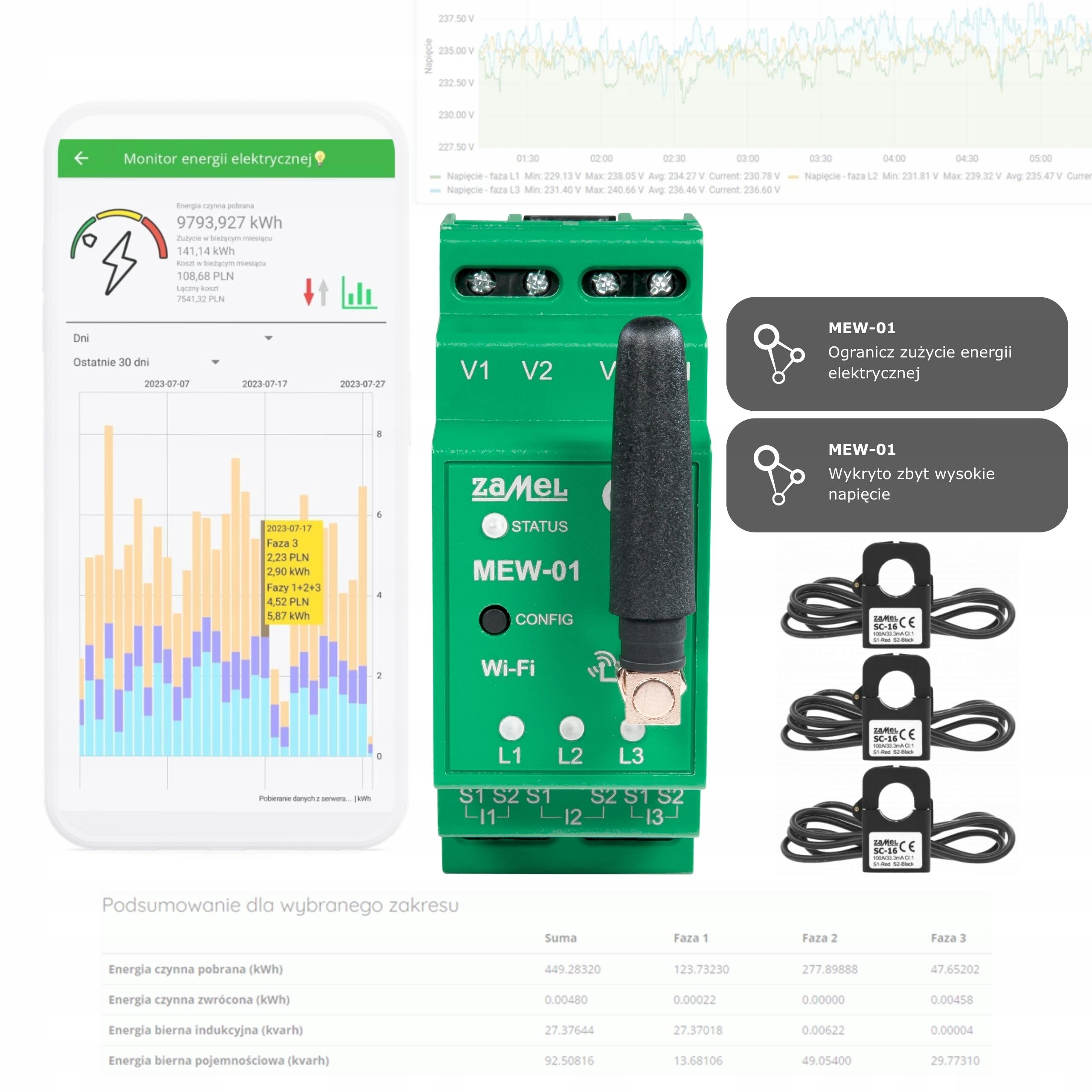 Monitor energii WiFi MEW-01 3F powiadomienia ZAMEL