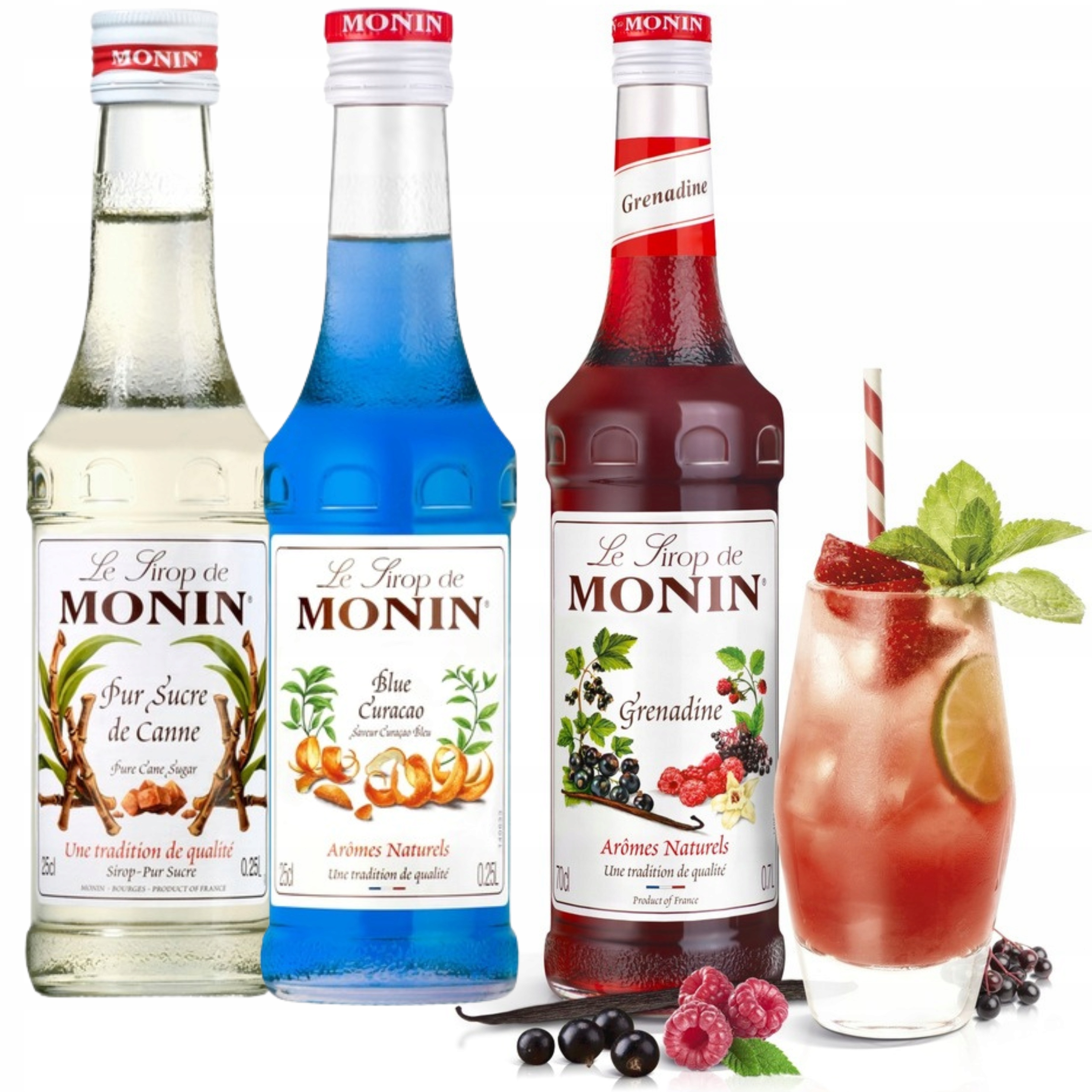 Levně Sada sirupů Monin: 1 x Grenadina Cane Sugar Blue Curacao 250 ml