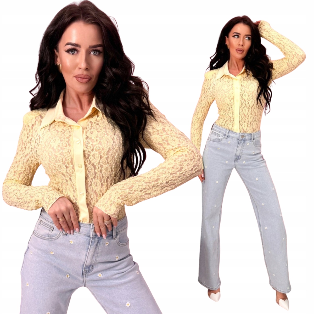 Krajkové body s dlouhým rukávem a límečkem, žluté, elastické, velikost One size