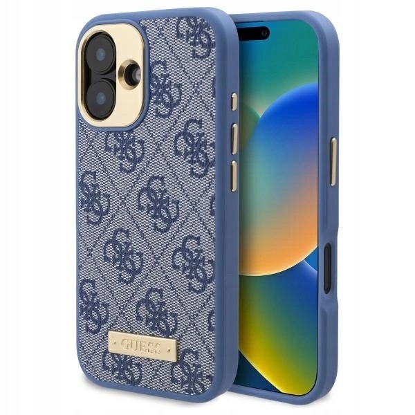 Etui Guess 4G Logo Plate MagSafe na iPhone 16 Plus niebieskie