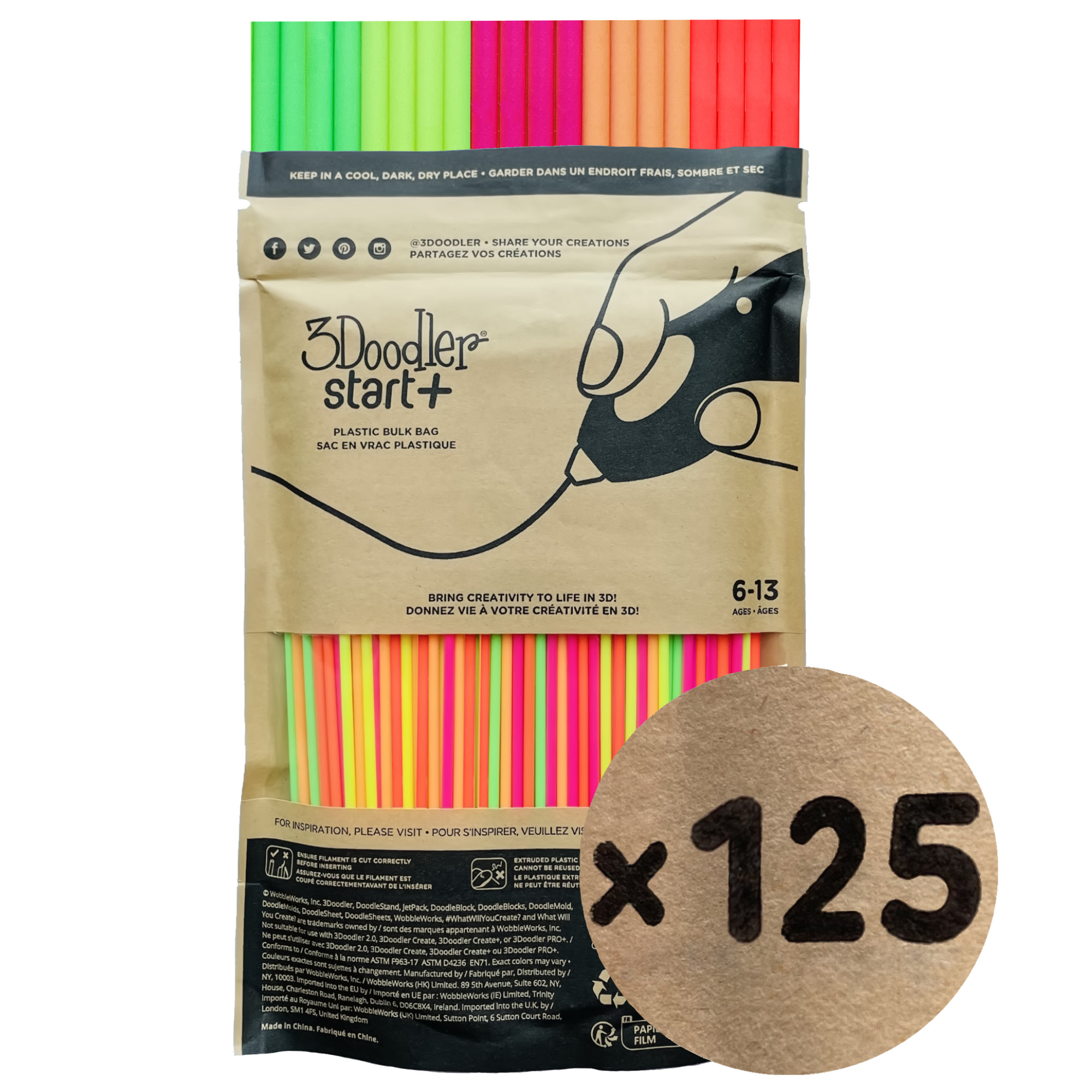 Zapasowe Wkłady do Długopisu 3D Filament 3Doodler 125 sztuk Neonowe