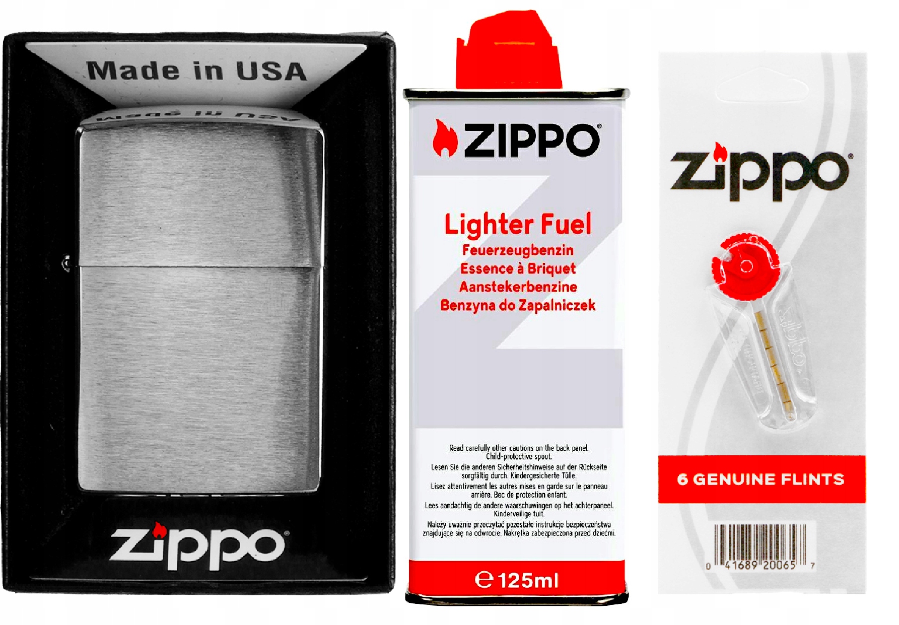 Sada Zippo Zapalovač Brushed Chrome Benzín Kameny Příslušenství
