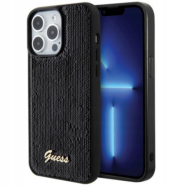 Guess Sequin Script Logo Etui do iPhone 15 Pro Czarny efekt Wow