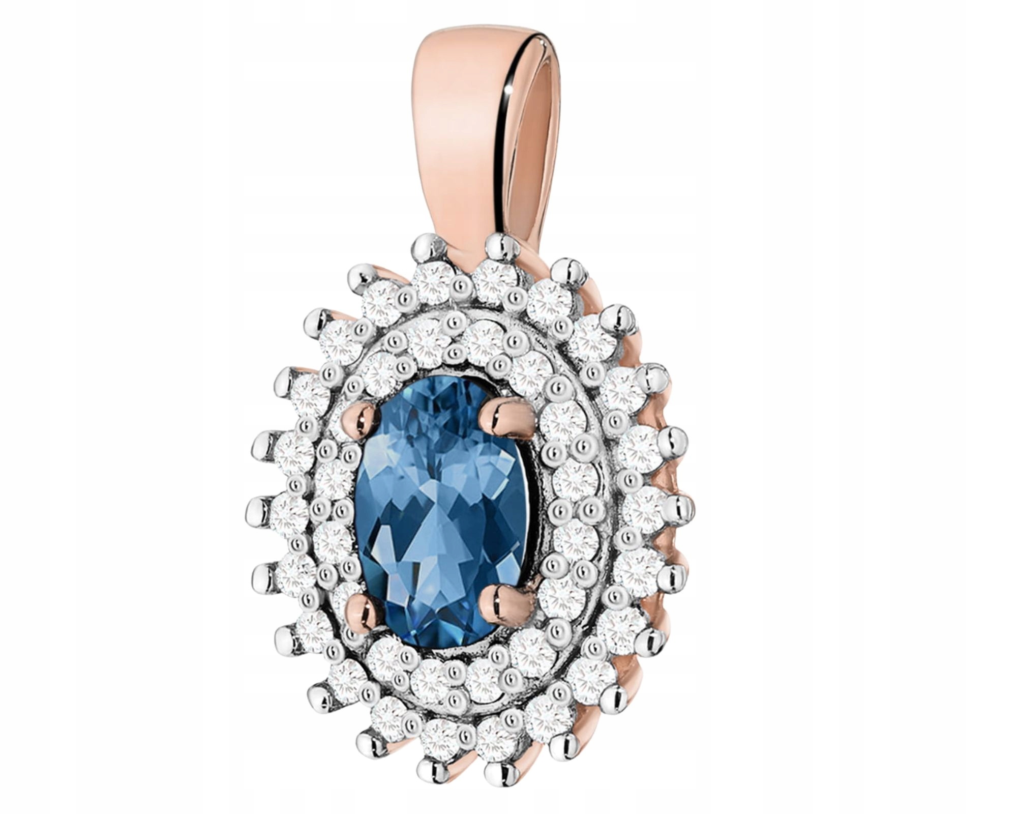 Wisiorek Zawieszka Z Różowego Złota Topaz London Blue I Diamenty
