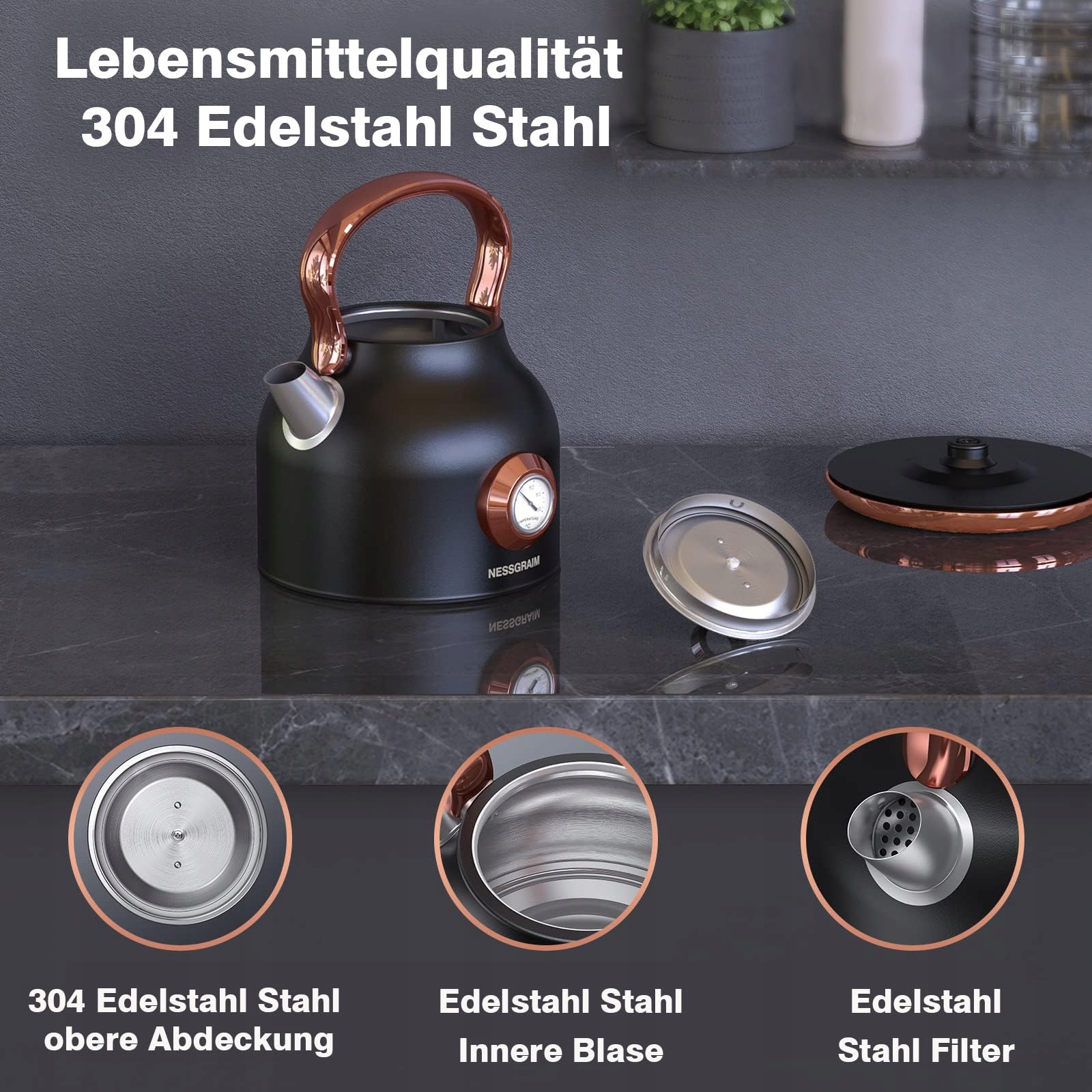 NESSGRAIM Retro Czajnik Elektryczny 1,7L Stalowy 2200W LED Temp. Wskaźnik — miniatura 2