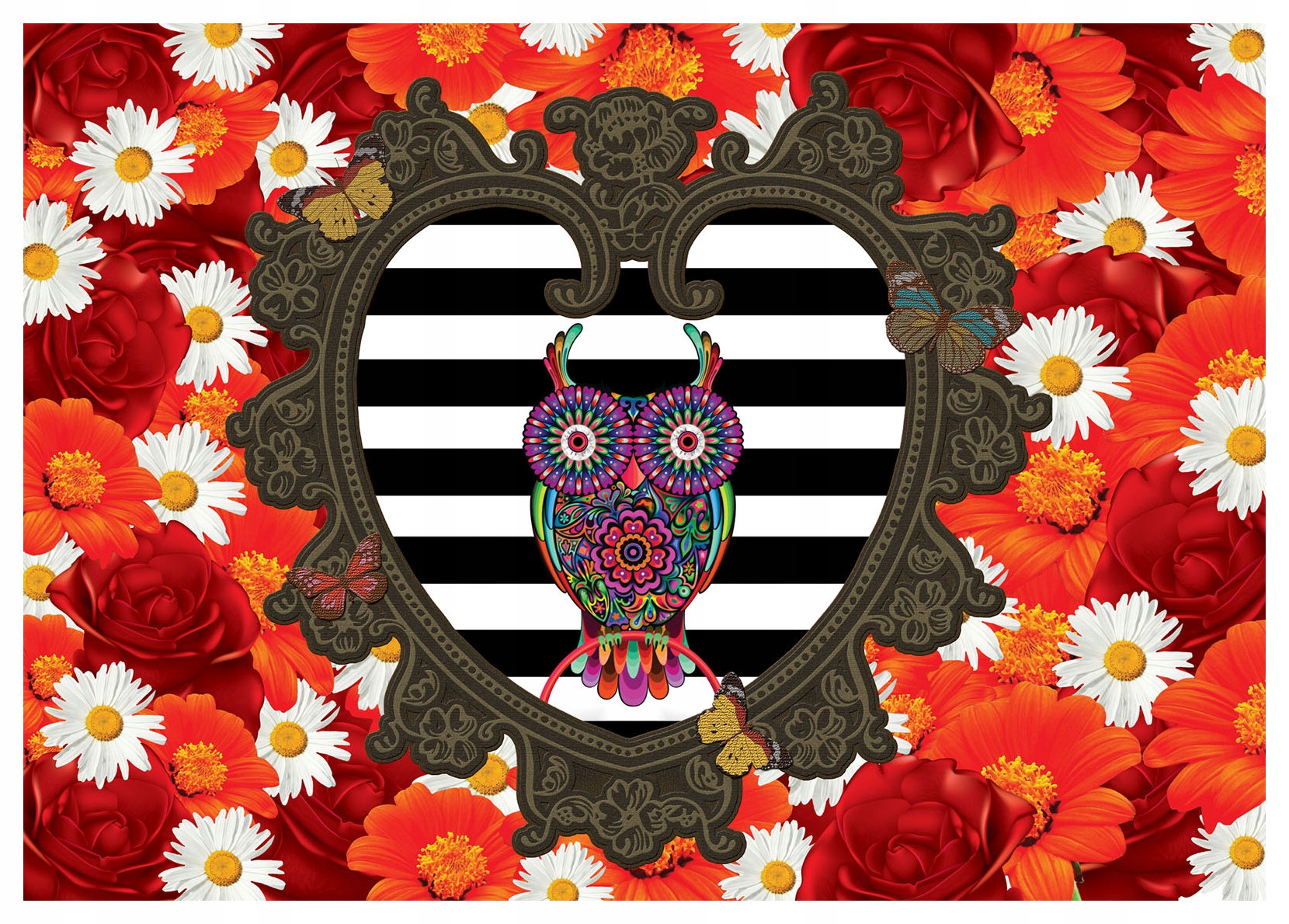 Fototapeta Sova se srdcem, květiny, motýli, vinylová ilustrace 368x254 lepidlo