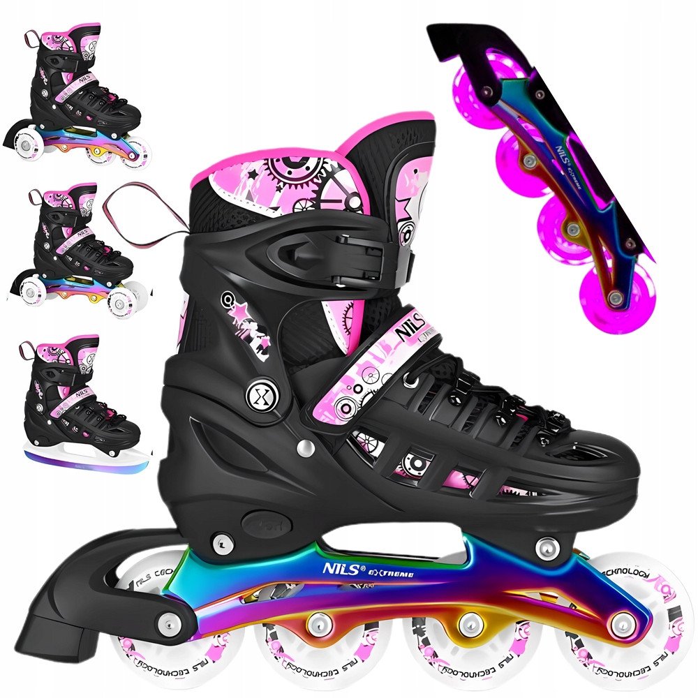 NH10905 4w1 Łyżworolki Led Różowe Z Wym. Płozą Hokejową Rainbow Rozm.