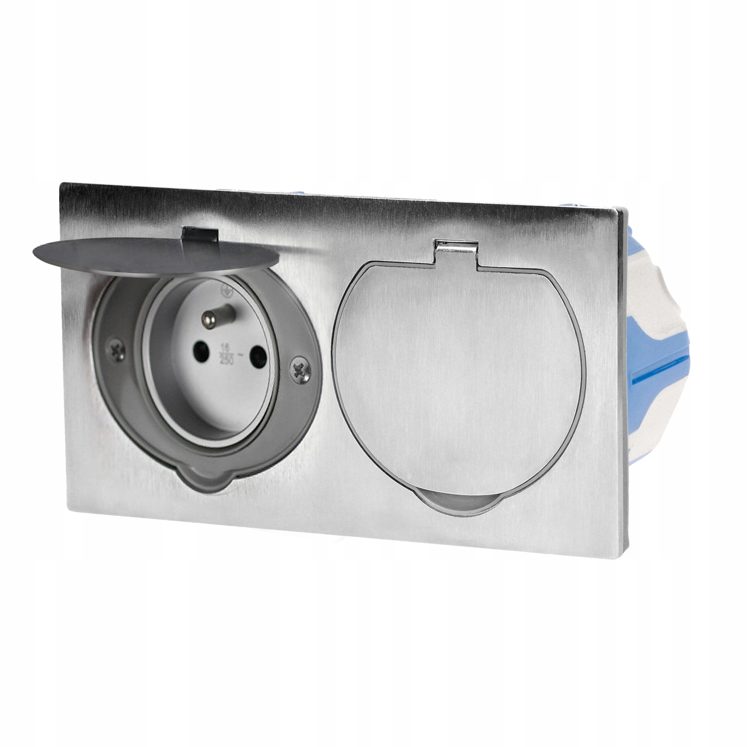 Dvojitá podomítková zásuvka IP55 Inox, s plechovkou