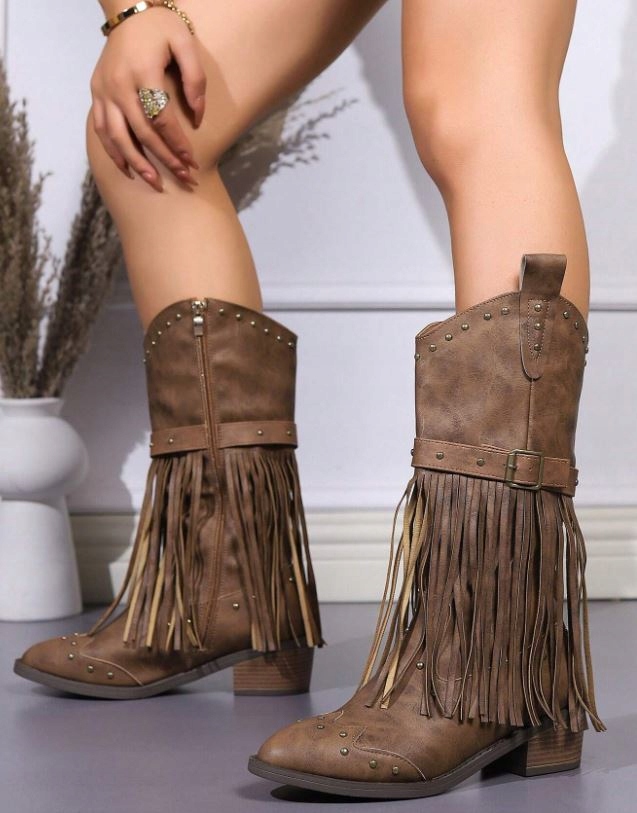 KOZAKI KOWBOJKI DAMSKIE BRĄZOWE Z FRĘDZLAMI 38 ŁJA Marka inna