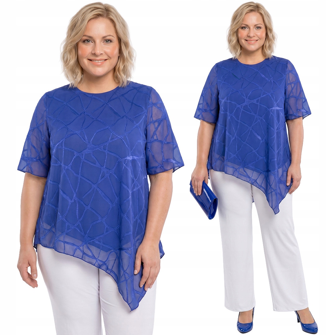 Asymetrická chrpová tunika s lesklými vzory plus size velikost 56