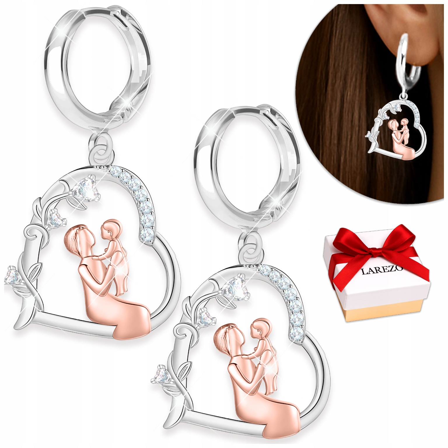 Náušnice Stříbrná Srdce Velké pro maminku s zirkony Maminka a dcera Stříbro 925