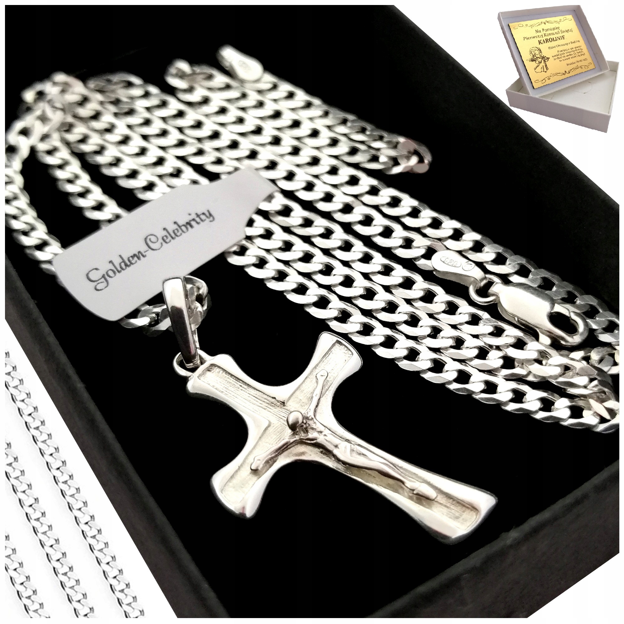 SREBRNY ŁAŃCUSZEK KOMUNIJNY + KRZYŻYK JEZUS CHRYSTUS 925 + GRAWER CHRZEST
