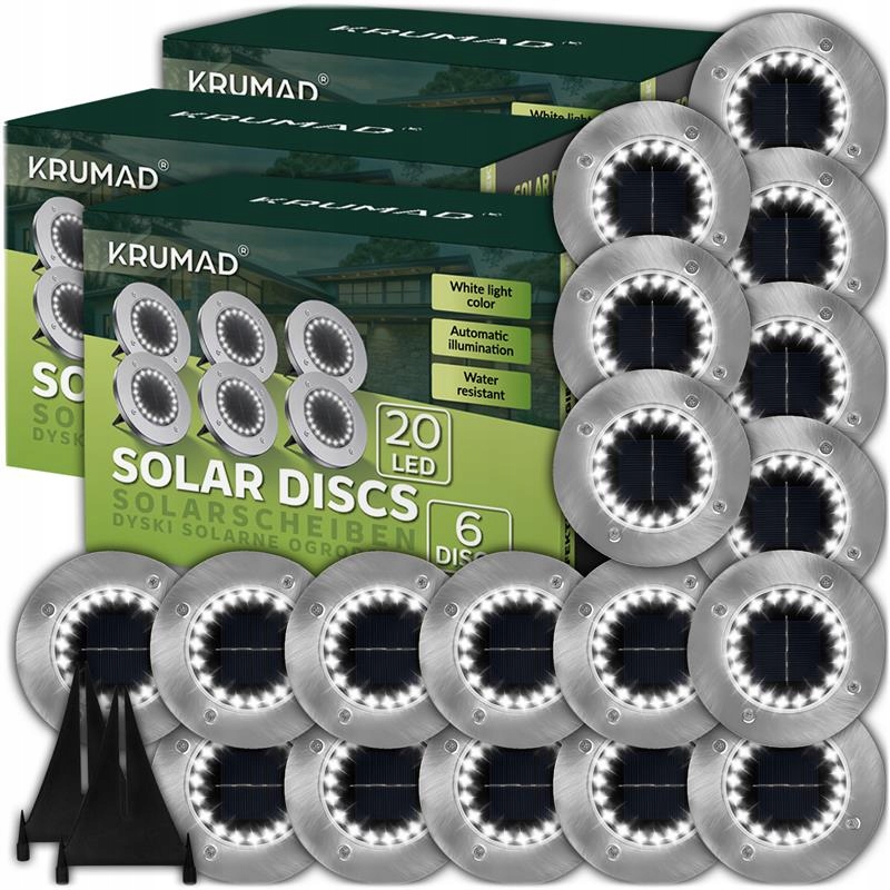 18x Lampki Solarne Dyski Ogrodowe Gruntowe Najazdow Czujnik Zmierzch 20 Led