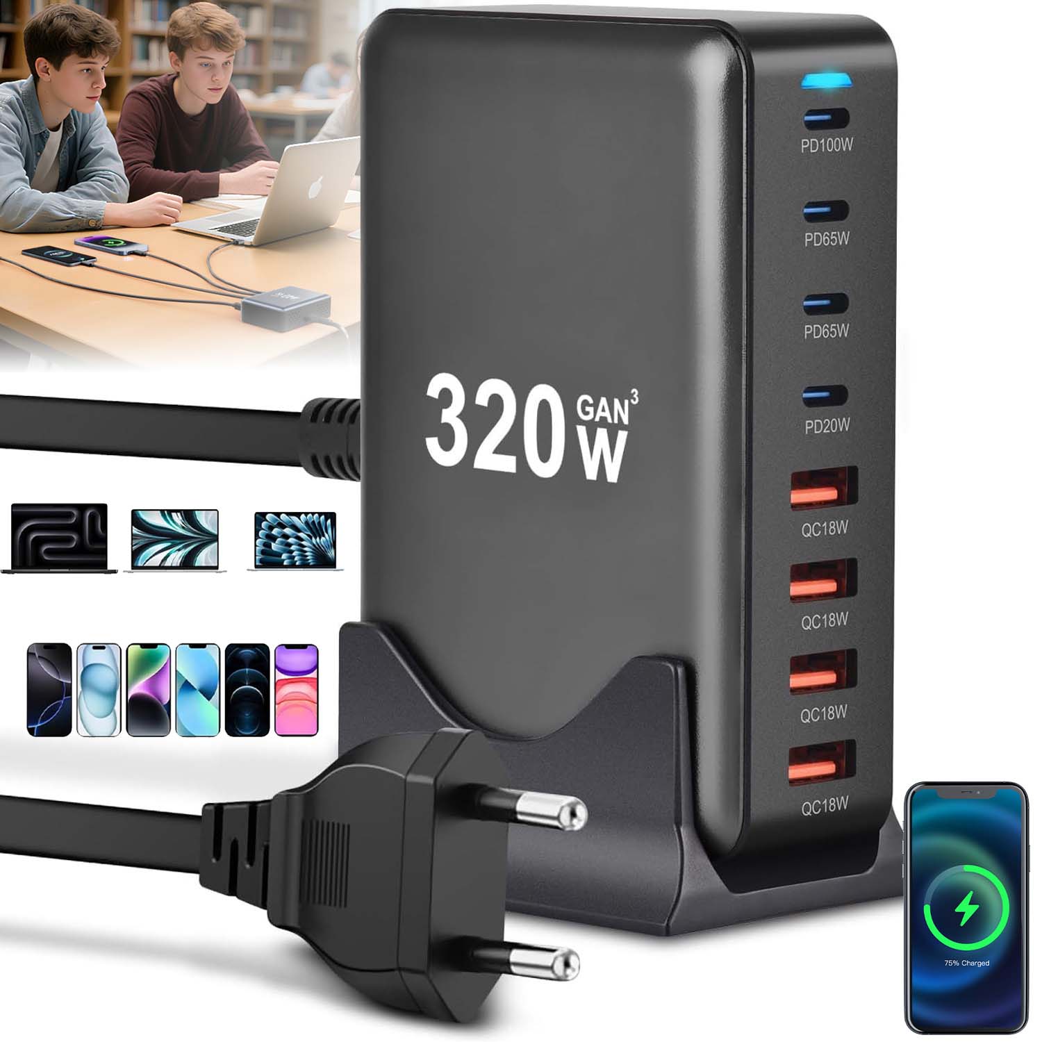 Rychlá Síťová Nabíječka 320W 4X Usb-c 4X Usb-a Qc Multifunkční 8V1