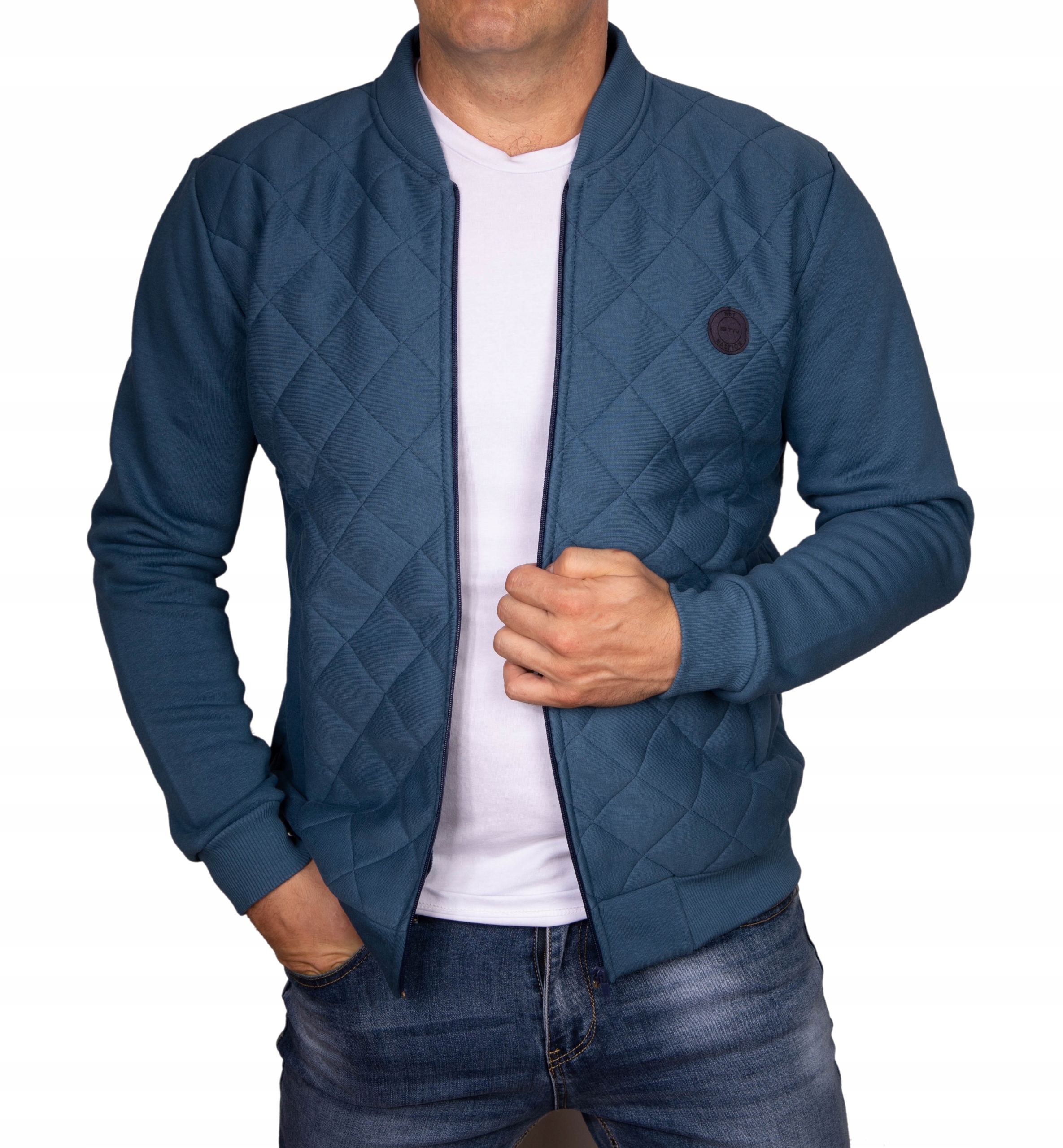 Bluza męska niebieska bomberka pikowana Kurtka XL Rodzaj bez kaptura rozpinane