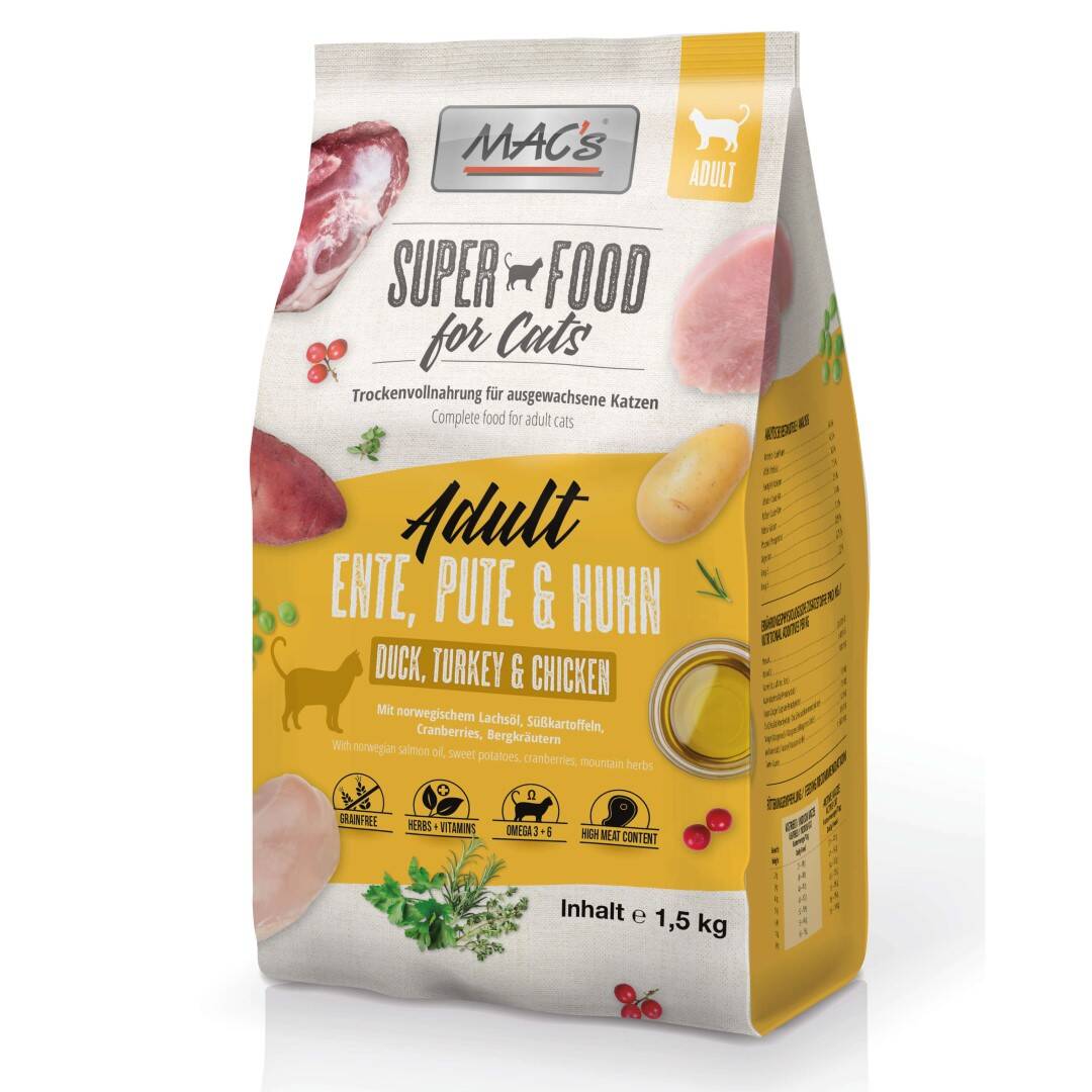 Levně MAC's Cat Adult Suché Krmivo Pro Kočky 1,5 kg Kachna Krůta Kuře