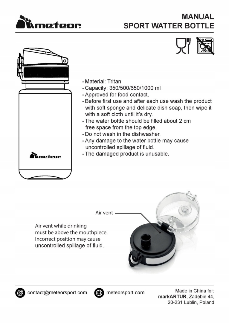 BIDON TRENINGOWY SPORTOWY METEOR 1000ML 74586 Model 74586