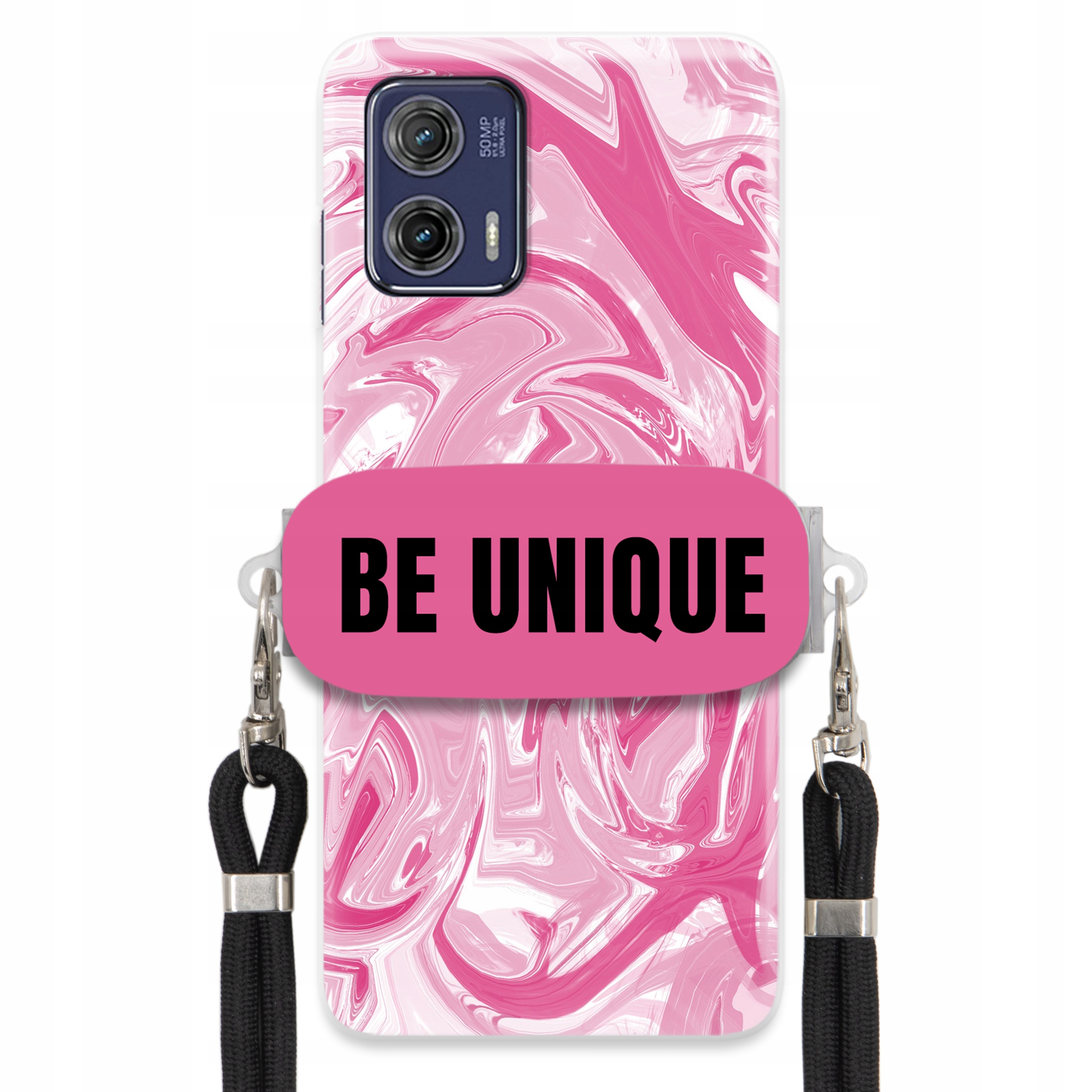 Puzdro pre Motorola G73 držiak na šnúrku Čierna Ružová Mramor Be Unique